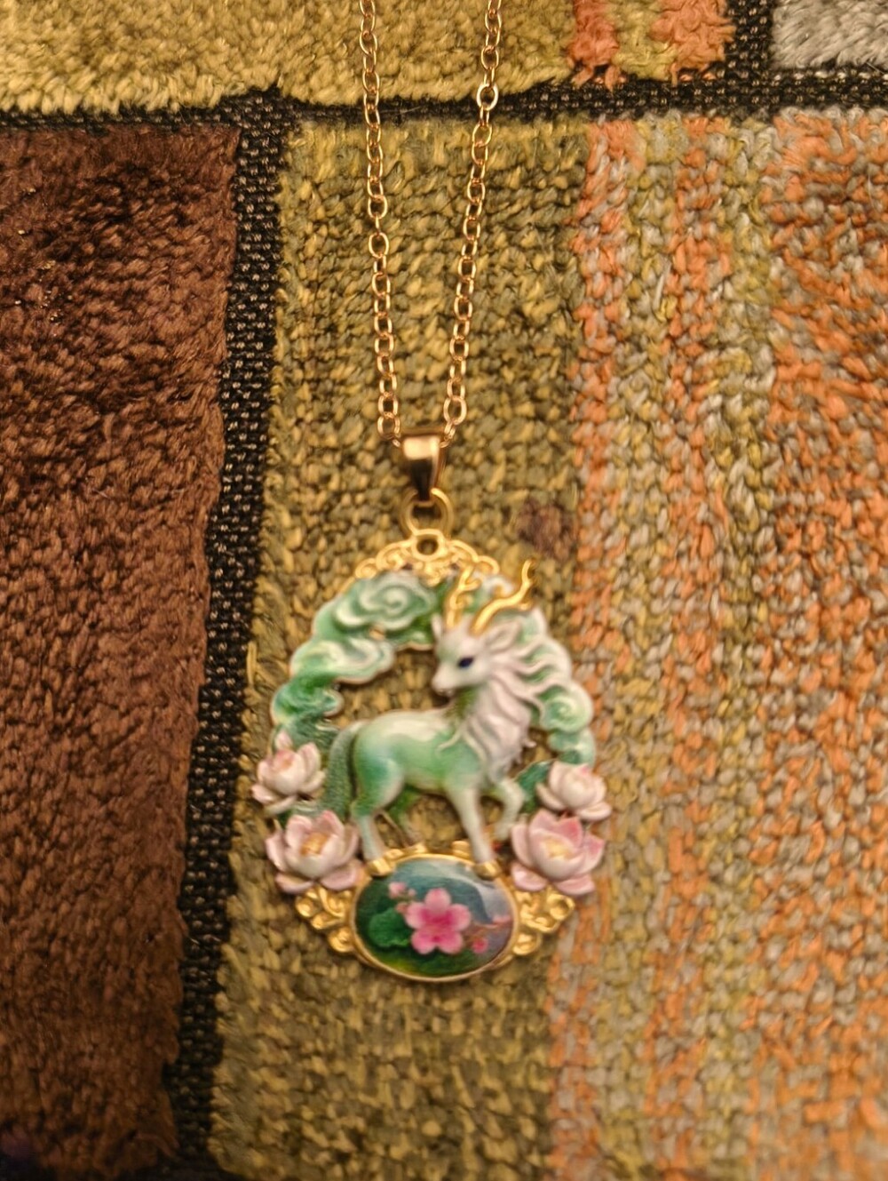 Green Enamel Unicorn Pendant Necklace